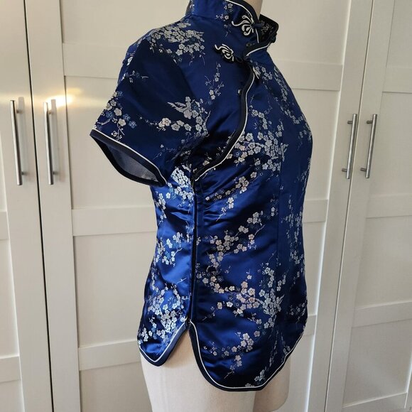 Chinese Silk Brocade Dark Blue White Cherry Blossom Cheongsam Blouse Size Large - Picture 2 of 5